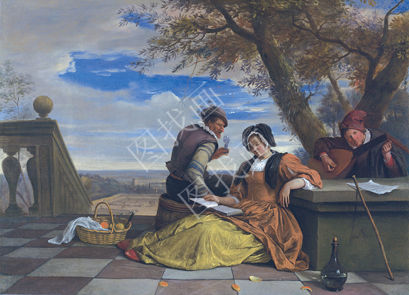 Two Men and a Woman on a Terrace